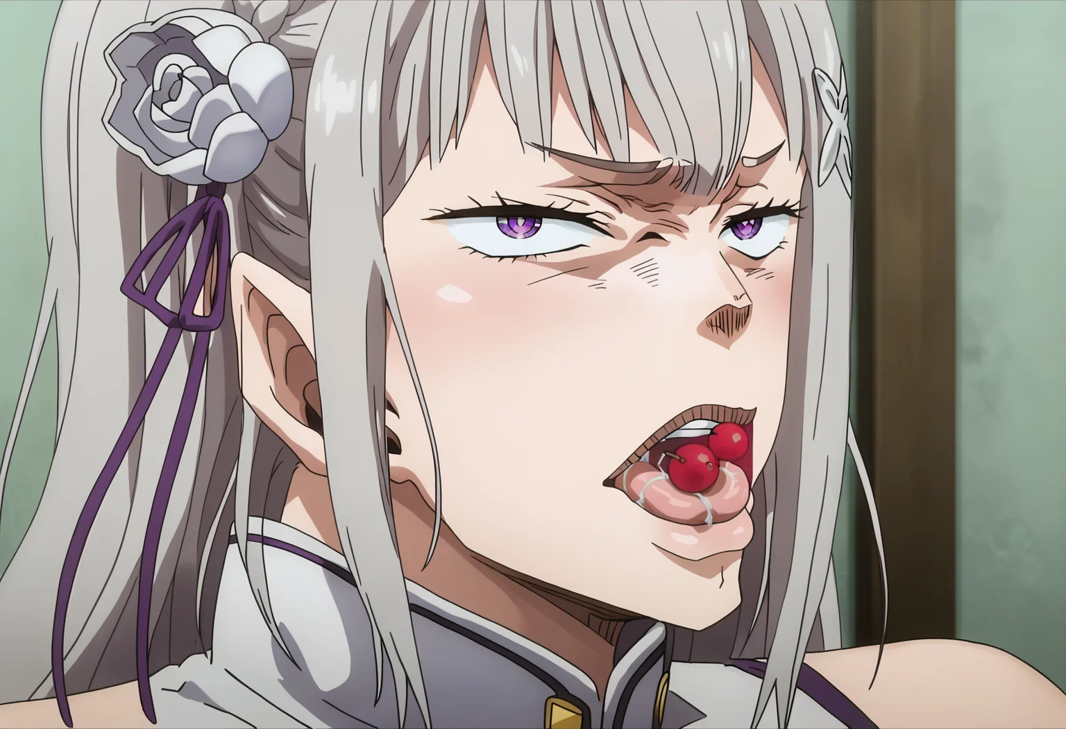score_9, score_8_up, score_7_up, source_anime,
BREAK
<lora:shiReroVT1:1>, shirerocrazy, cross-eyed, tongue, cherry on tongue, saliva, tongue out,
looking at viewer, open mouth, parody,
1girl, solo, anime screencap, anime coloring,
<lora:shiEmiliaV2:1> shimilia, long hair, grey hair, purple eyes, pointy ears, crown braid, hair flower, hair ribbon, purple ribbon, x hair ornament, white dress, cleavage, bare shoulders, wide sleeves,