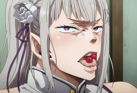 score_9, score_8_up, score_7_up, source_anime,
BREAK
<lora:shiReroVT1:1>, shirerocrazy, cross-eyed, tongue, cherry on tongue, saliva, tongue out,
looking at viewer, open mouth, parody,
1girl, solo, anime screencap, anime coloring,
<lora:shiEmiliaV2:1> shimilia, long hair, grey hair, purple eyes, pointy ears, crown braid, hair flower, hair ribbon, purple ribbon, x hair ornament, white dress, cleavage, bare shoulders, wide sleeves,