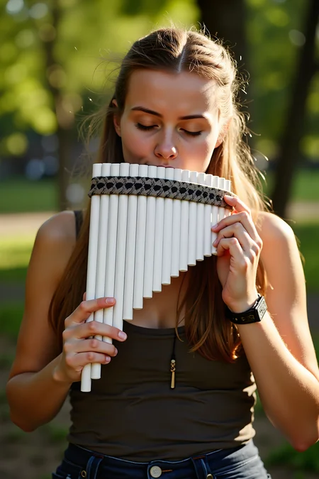 a finnish woman is playing a small short white panflute in a park. , detailed background Fantastic lighting. Detailed shadows.intricate details, vivid colors, hyper-detailed, ultra-sharp, <lora:PANFLUTE_FLUX>