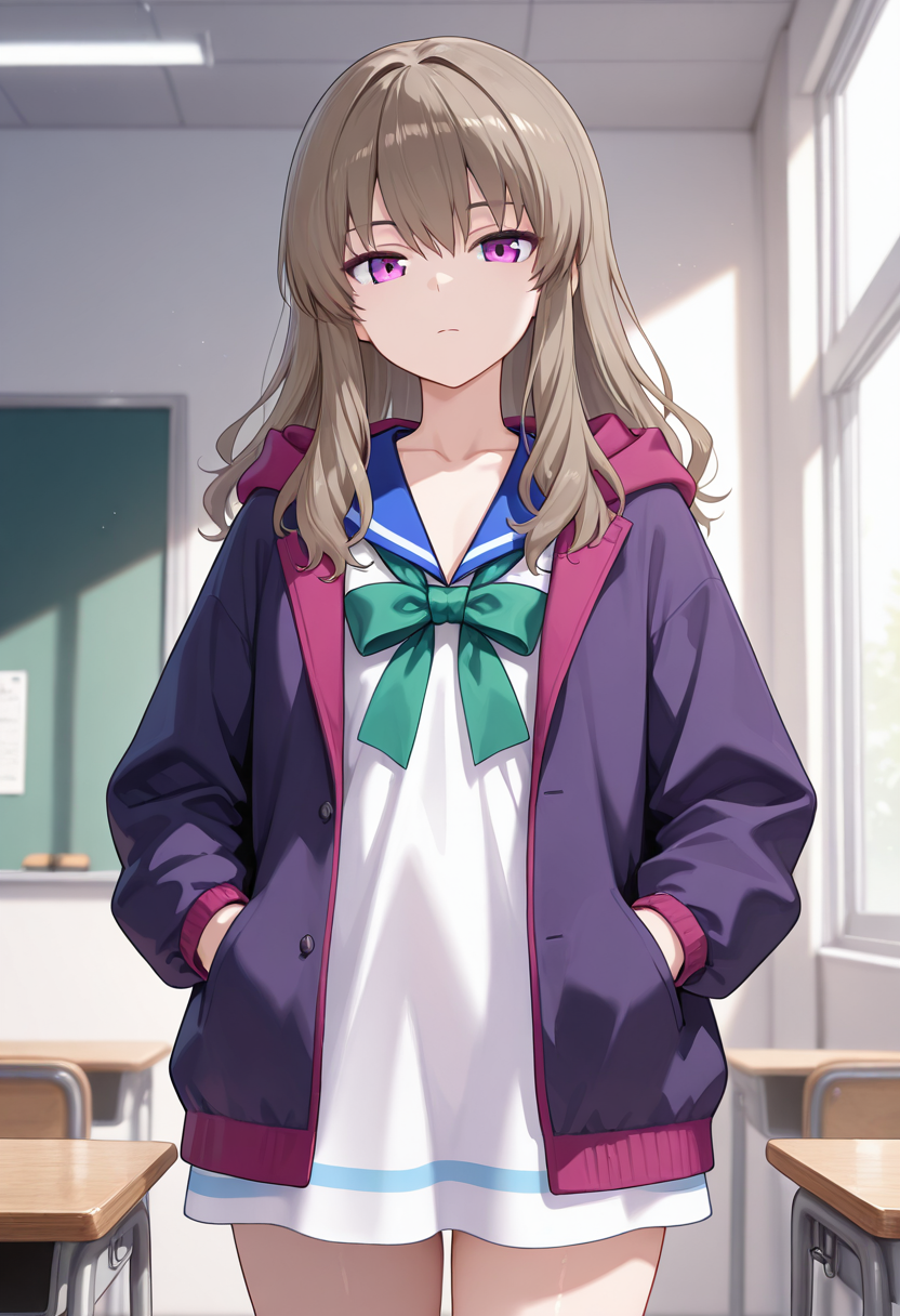 1girl,solo,<lora:nanaseil:0.9>,hagiwara_nanase,purple eyes,long hair,brown hair,jacket,open jacket,hood,dress,long sleeves,green bow,sailor collar,collarbone,looking_at_viewer,cowboy_shot,expressionless,hands in pockets,thighs,day,classroom,incredibly absurdres,masterpiece,best quality,good quality,newest,