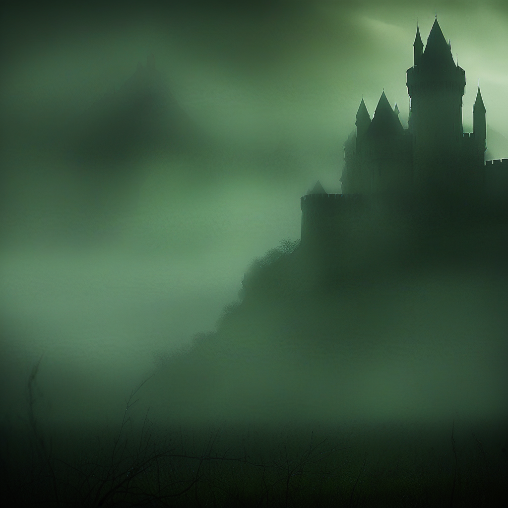 ArsGreenMistWorld, Landscape, castle in the background, ominous, no people