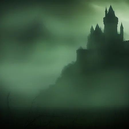 ArsGreenMistWorld, Landscape, castle in the background, ominous, no people
