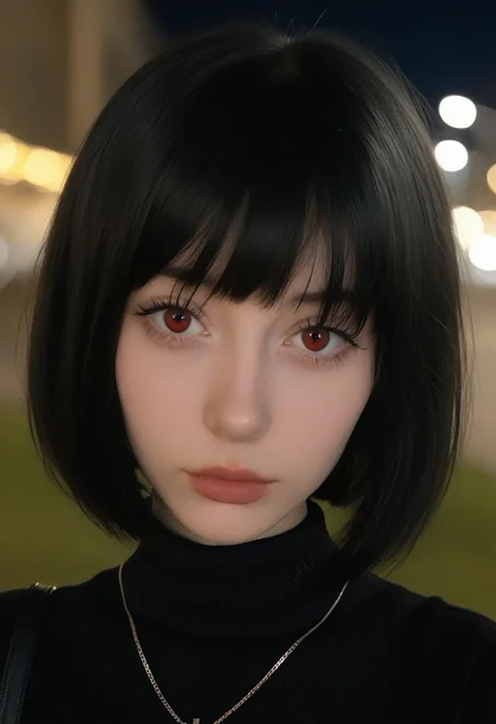 RSGRL, Russian female, Cute face, amateur, candid, realistic, 1girl, solo, short hair, black hair, jewelry, looking at viewer, necklace, cross, portrait, bangs, red eyes, closed mouth, turtleneck, blurry background, cross necklace, lips, piercing, blurry, bob cut, eyelashes