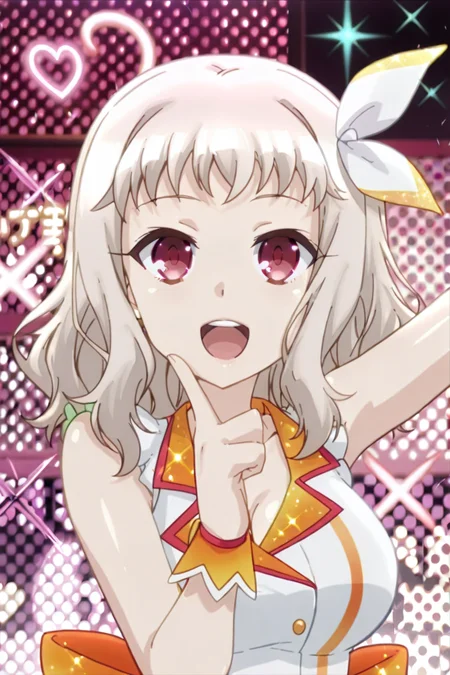 detailed background, shiny skin, posing,
heart, bloom, glitter, sparkle,
<lora:prisma.il:1>,
prisma,
leys, 
idol costume, upper body, open mouth, peace,