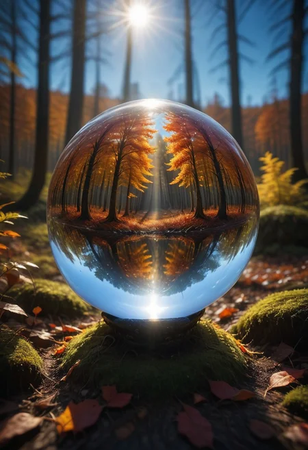 Crystal ball containing a forest ablaze with autumn colors, 
under a pristine blue sky, 
mysterious ambiance, 
capturing the essence of fall, 
sharp reflections, 
perfect clarity, 
dramatic lighting, 
ultra clear., 
Mysterious