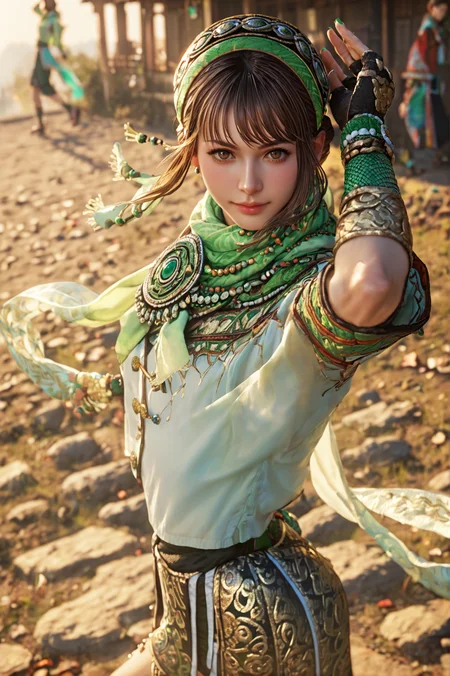 score_9, score_8_up, score_7_up, source_anime, Dancing with one arm raised, <lora:Bao_Sanniang_Dynasty_Warriors:0.7> 1girl, solo, brown hair, brown eyes, fingerless gloves, skirt, jewelry, scarf, green nails, looking at viewer