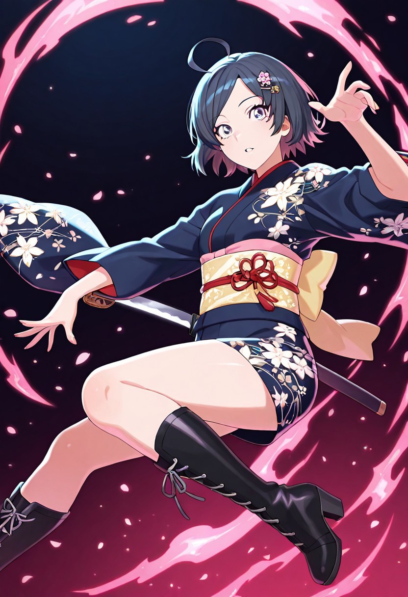 <lora:YahariOreNoSeishunLoveComedy_HikigayaKomachi_IlluXL:0.9>, Hikigaya Komach, anime_girl black_hair_with_pink_highlights Purple_eyes cheery_expression floral_hair_ornament_with_pink_flower traditional_kimono_with_cherry_blossom_pattern dark_blue_kimono_with_pink_and_white_flowers intricate_kimono_design_with_gold_accents holding_katana_with_both_hands glowing_katana_with_energy_trail dynamic_action_pose cherry_blossom_petals_floating_in_air vibrant_neon_pink_and_cyan_color_scheme dramatic_lighting_with_glowing_effects energy_aura_with_sparkling_particles black_lace-up_boots_with_shiny_finish detailed_background_with_splashes_of_pink_and_blue fantasy_warrior_theme strong_female_character ethereal_and_mystical_atmosphere high_contrast_art_style anime_illustration_with_digital_painting