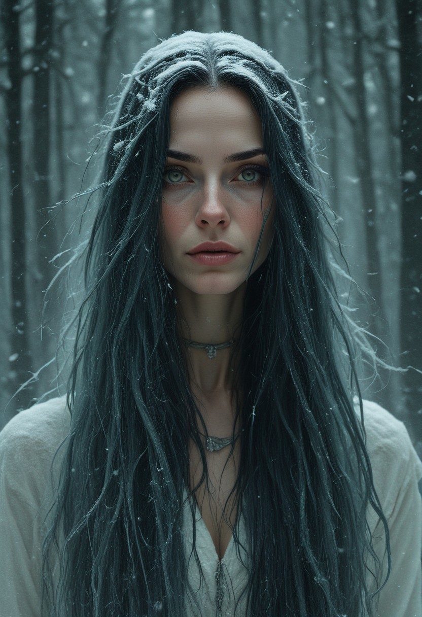 A woman with long, straight jade hair and piercing obsidian eyes, her expression cold and distant. She stands in the middle of a snow-covered forest, the white landscape adding to her ethereal, almost otherworldly presence. <lora:usual-portrait-v2:1.2>