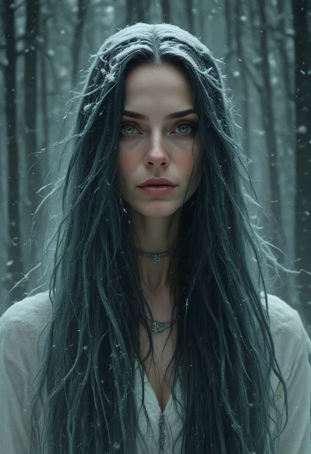 A woman with long, straight jade hair and piercing obsidian eyes, her expression cold and distant. She stands in the middle of a snow-covered forest, the white landscape adding to her ethereal, almost otherworldly presence. <lora:usual-portrait-v2:1.2>
