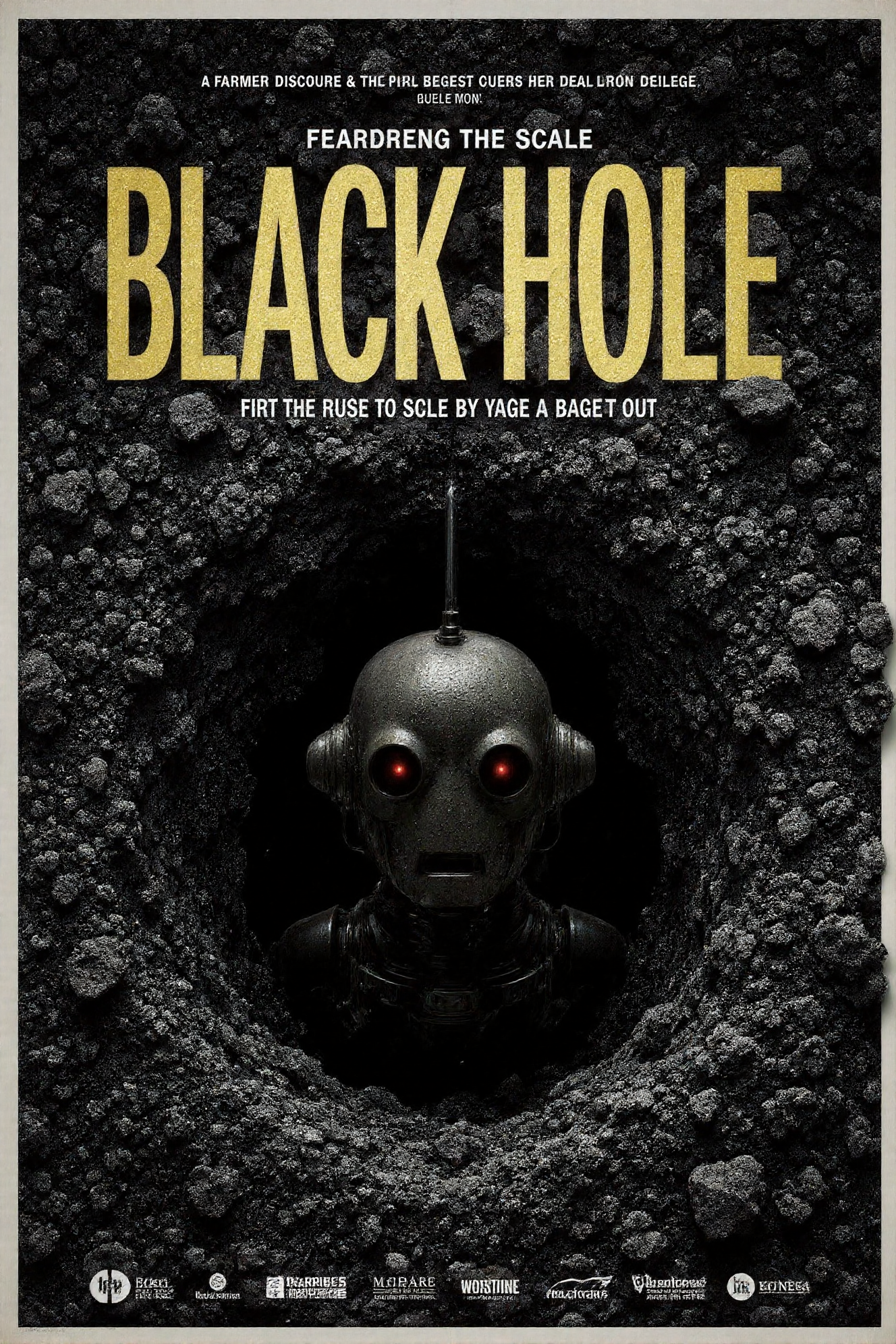 grandeur of scale,(super huge font:1.5),(a visually striking title:1.5),(((center text placement:âblack holeâ))),(Overhead view:0.8),<lora:flux-lora-baowei:0.9>,science fiction movie poster,a thought-provoking poster,a farmer discovers a horrible black pit in his field,the pit is bottomless,inside the black pit is a giant droid monster ready to climb out,biomechanical bronze,internal integrated circuit,it has a deep sense of fear,at the bottom of the picture are the logos of several film companies,(dark:0.5),<lora:Improved_Droid_Style:1>,0r0105,the head of the giant droid monster is even bigger than the hole,his eyes glowed black,droid monster  was so angry that he wanted to rush out of the hole like a wild animal,droid monster  struggled to reach out his hand first,super close-up of droid monster head,big character,scary style fonts,