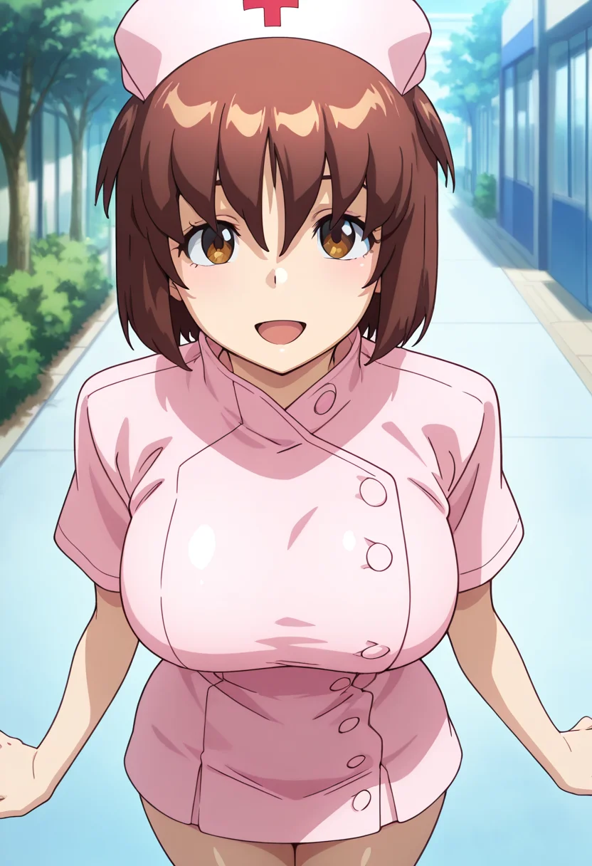 masterpiece, best quality, amazing quality, very aesthetic, absurdres, newest, illustration, perfect composition, intricate details, highres, anime coloring, general, 1girl, solo, (cowboy shot:1.2), tamakiww, brown eyes, brown hair, short hair, hair between eyes, large breasts, nurse cap, nurse, pink short dress, looking at viewer, smile, open mouth, outdoors, shiny body, shiny skin, skindentation, clear skin, shiny hair, ultra detailed eyes, depth of field, sharp, intricate details, hyperdetailed, ultra-detailed, detailed clothing folds, high contrast, dynamic light <lora:Irie_Tamaki_Majestic_Prince_ill:1>
