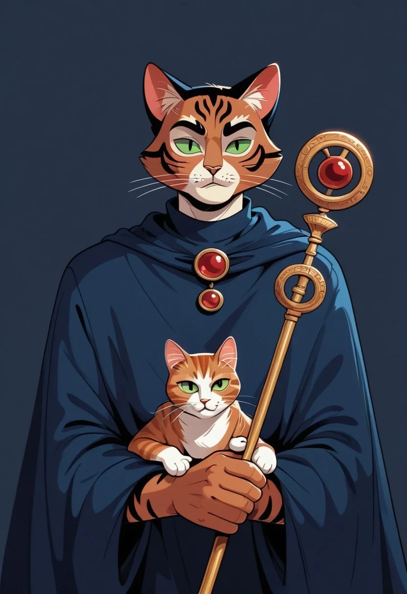 score_9, score_8_up, score_7_up, solo, 1 cat, easynegative, catman, staff, memphis corporate design, flat art, flat coloring, simple, vector art, corporate art, cel shading, cel shaded, Vector Cartoon Illustration, cat, catman, man with cat head, red furr cat, red furr, dark blue mantle, beige backgound,