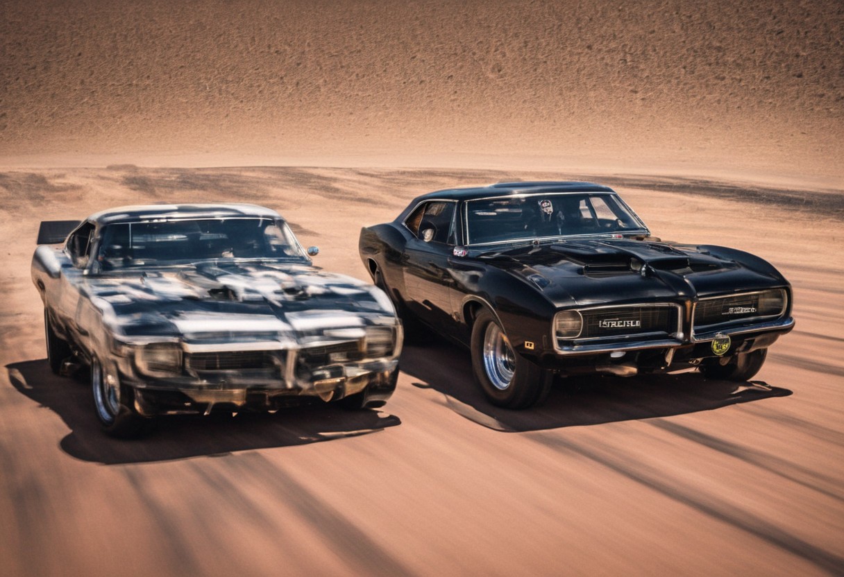Creates an ultra detailed and realistic image taken by a drone, wide angle, of a race between 2 custom cars, created with parts from many muscle cars, with aerodynamic lines from 1972. The cars have tinted black windows. It is captured in motion with motion blur at full speed through a desert, daylight. Race between 2 cars. The photograph is captured with an Arri Alexa camera, with a zoom lens.
. <lora:Vintage Muscle Car SDXL:1>
