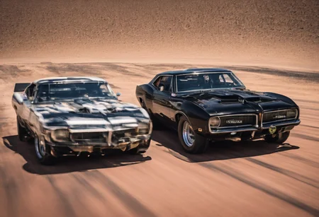 Creates an ultra detailed and realistic image taken by a drone, wide angle, of a race between 2 custom cars, created with parts from many muscle cars, with aerodynamic lines from 1972. The cars have tinted black windows. It is captured in motion with motion blur at full speed through a desert, daylight. Race between 2 cars. The photograph is captured with an Arri Alexa camera, with a zoom lens.
. <lora:Vintage Muscle Car SDXL:1>