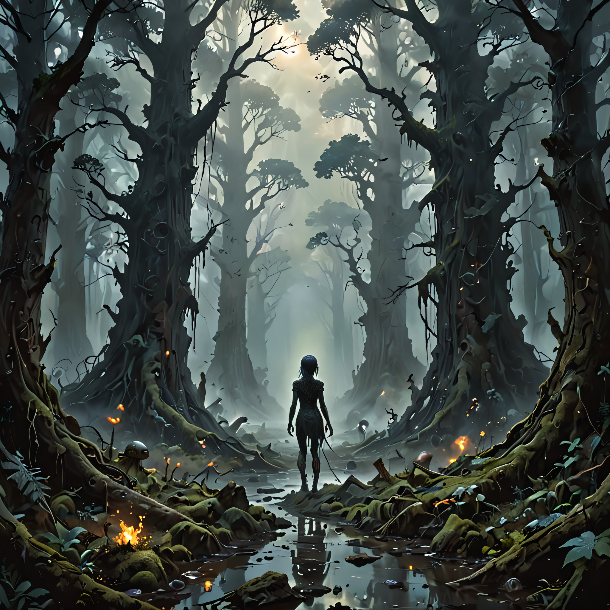 Alien-themed darkened landscape of forgotten ages, misty shadows, ancient stone ruins, eerie silence. Twisted forests of gnarled trees, humanoid aliens dance through the fog. cute style,
<BREAK>
The style of Wayne Barlowe's hyper-realistic portraits of aliens; Noah Bradley's intense focus on the environment around his characters; Huang Guangjian's expressive brush strokes that bring life to every detail,  <lora:DarkGrimFantasyXL:0.5> drkms, futuristic , <lora:zavy-cntrst-sdxl:0.6> dark, chiaroscuro, low-key,  <lora:sdxl_lightning_8step_lora:1.0> . Extraterrestrial, cosmic, otherworldly, mysterious, sci-fi, highly detailed