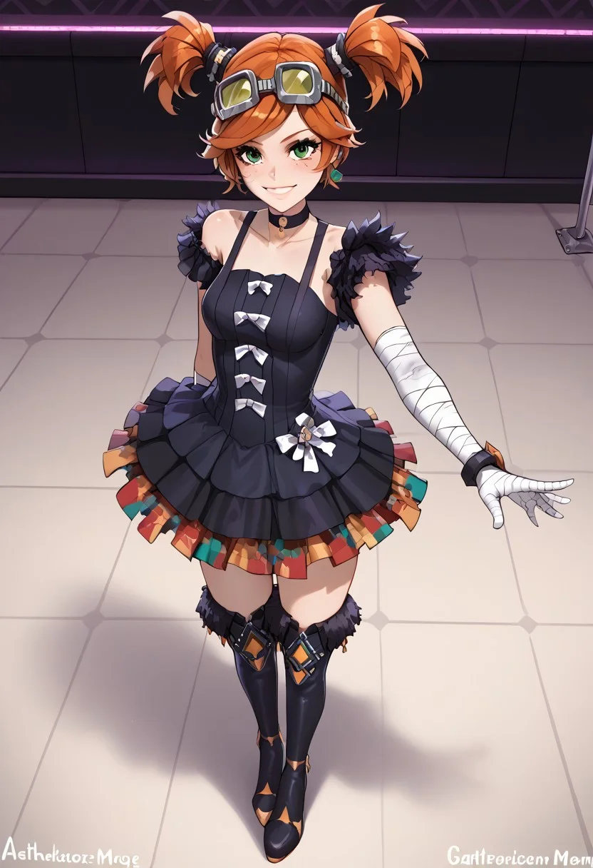 score_9, score_8_up, score_7_up, solo, gaigebl2, orange hair, goggles on head, twintails, short twintails, single mechanical arm, freckles, medium breasts, looking off camera, emerald green eyes,
Smile,
Dance floor, indoors, nightclub, overhead angle,
<lora:gaigebl2-guy-v1PONYXL:1>, cowboy shot, full body shot, sexy pose, petite,
bandaged arm, black dress, choker, collarbone, thigh boots, looking at viewer, dancing <lora:FEPanetteponyXL1:1>