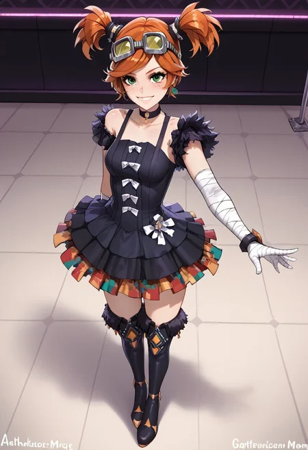 score_9, score_8_up, score_7_up, solo, gaigebl2, orange hair, goggles on head, twintails, short twintails, single mechanical arm, freckles, medium breasts, looking off camera, emerald green eyes,
Smile,
Dance floor, indoors, nightclub, overhead angle,
<lora:gaigebl2-guy-v1PONYXL:1>, cowboy shot, full body shot, sexy pose, petite,
bandaged arm, black dress, choker, collarbone, thigh boots, looking at viewer, dancing <lora:FEPanetteponyXL1:1>