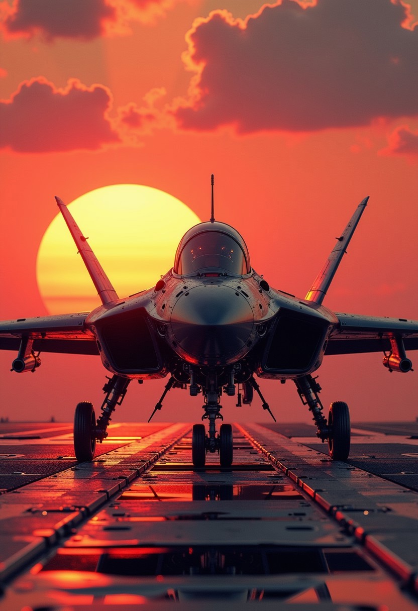 in the style of ck-mgs, A digital artwork in the style of cknc, a_skynet_cyberdyne_craft, the image is featuring a futuristic, highly advanced jet fighter drone sitting on a sci-fi air base, silhouetted, chiascuro, sunset. The fuselage is painted in camouflage dark red and black, and has a large air intake, dutch angle