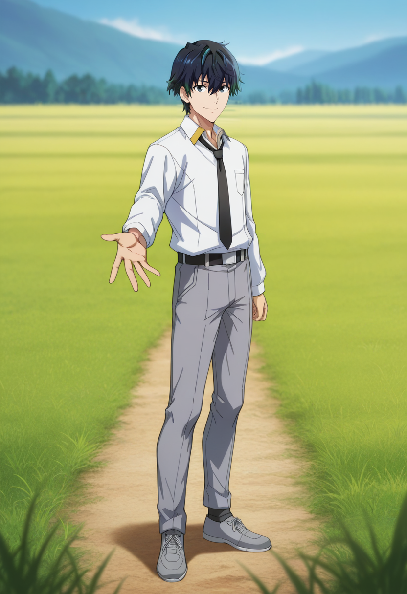masterpiece, best quality, amazing quality,high resolution,intricate details,official style,depth of field,anime coloring , , , 1boy, solo, male focus,  <lora:Desir_Herrman:0.82>,desir herrman,black hair,black eyes,short hair,multicolored hair,looking at viewer, smile, shirt, hair between eyes, closed mouth, standing, white shirt, full body, school uniform,necktie, shoes, collared shirt, pants, belt, outstretched arm, grassland, outstretched hand, grey pants, open hand,gentle breeze, grey footwear, grey socks, black necktie,from side
