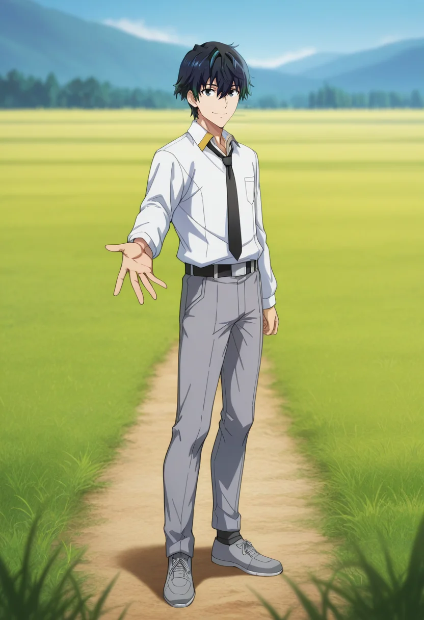 masterpiece, best quality, amazing quality,high resolution,intricate details,official style,depth of field,anime coloring , , , 1boy, solo, male focus, <lora:Desir_Herrman:0.82>,desir herrman,black hair,black eyes,short hair,multicolored hair,looking at viewer, smile, shirt, hair between eyes, closed mouth, standing, white shirt, full body, school uniform,necktie, shoes, collared shirt, pants, belt, outstretched arm, grassland, outstretched hand, grey pants, open hand,gentle breeze, grey footwear, grey socks, black necktie,from side
