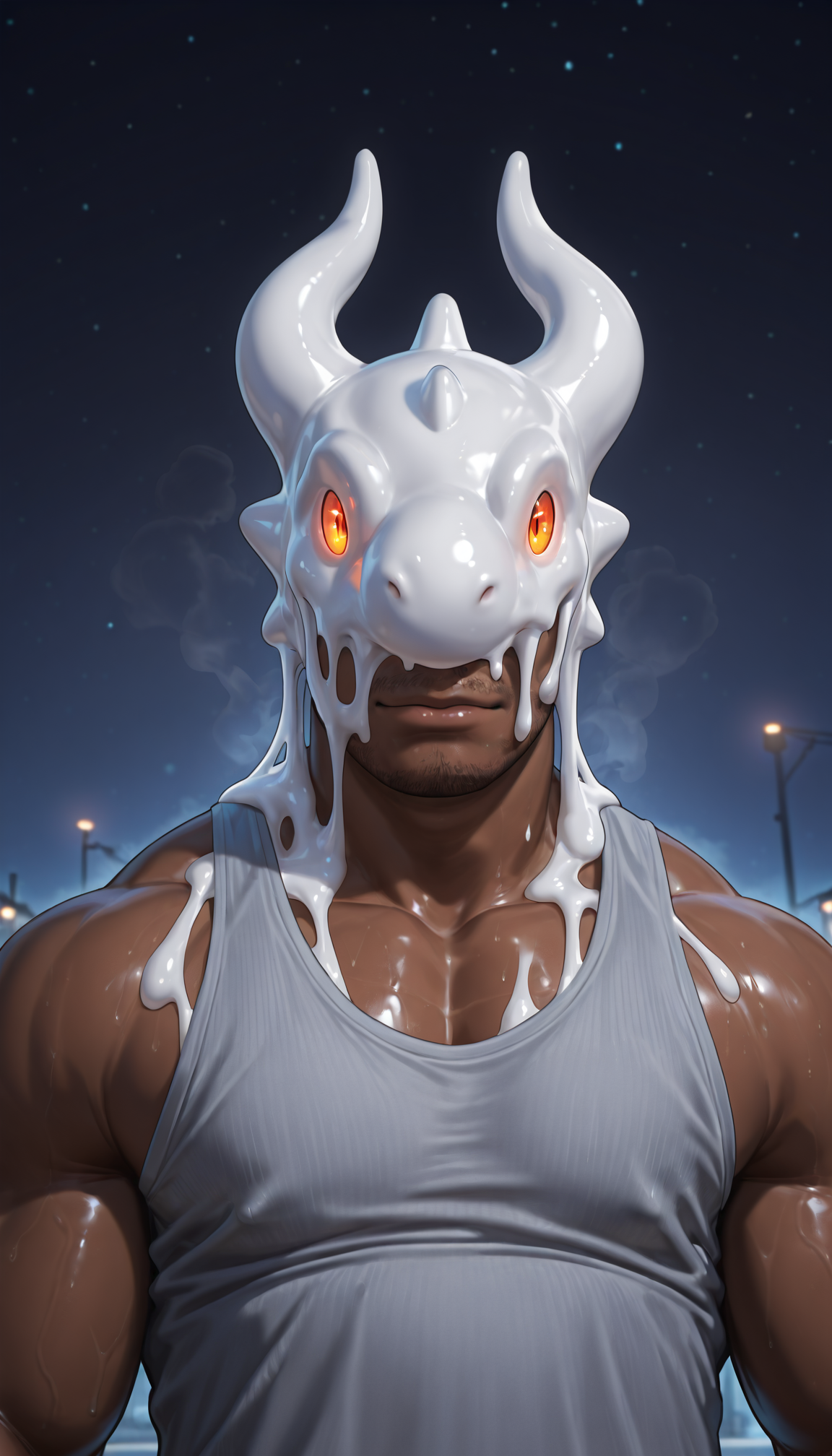 male focus,solo,muscular,(detailed eyes:1.2, detailed face, nice eyes),(head covered by goo dragon,white goo),dark-skinned male,steaming body,tank top,night,(merging:0.7),glowing eyes,stubble,barazoku,high quality,realistic,<lora:takalocon-15:0.9>,