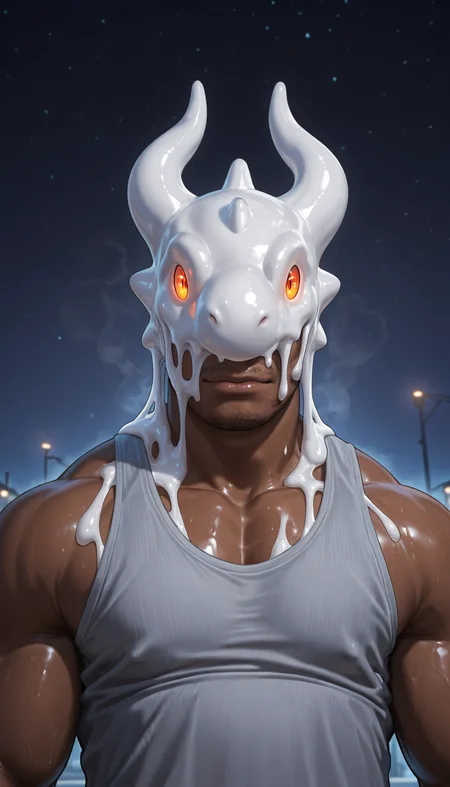 male focus,solo,muscular,(detailed eyes:1.2, detailed face, nice eyes),(head covered by goo dragon,white goo),dark-skinned male,steaming body,tank top,night,(merging:0.7),glowing eyes,stubble,barazoku,high quality,realistic,<lora:takalocon-15:0.9>,