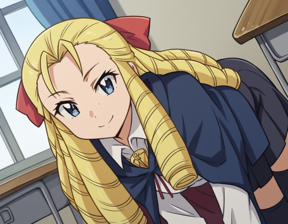 score_9, score_8_up, score_7_up, source_anime,
montmorencymargaritalaferedemontmorency, <lora:montmorency-margarita-la-fere-de-montmorency-s3-ponyxl-lora-nochekaiser_r2:1>,
montmorency margarita la fere de montmorency, long hair, blonde hair, bow, hair bow, drill hair, forehead, freckles, hair pulled back, ringlets,
skirt, thighhighs, long sleeves, collared shirt, white shirt, black skirt, cape,
indoors, classroom, bent over, smile,
looking at viewer, cowboy shot, solo, dutch angle