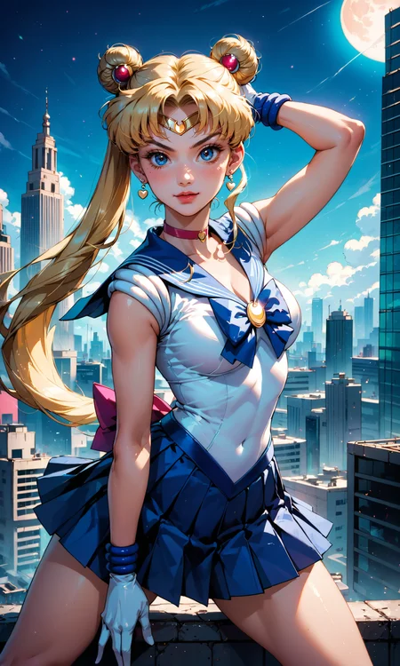 4n1v3rs3 score_9, score_8_up, score_7_up, BREAK
Tsukino Usagi, throwing Moon Tiara, Sailor Moon outfit, dynamic pose, intense expression, magical energy, cityscape background, high detail, photorealistic, vibrant colors
white gloves, blue pleated skirt, blonde hair, flexible,