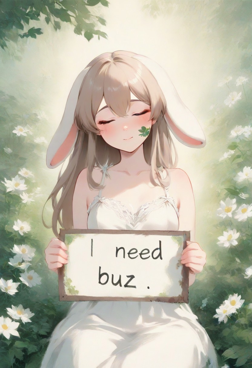 best quality,masterpiece,absurdres,newest,
(coinp,color ink painting:1.2)
An anime girl with soft, floppy bunny ears and long, light brown hair, wearing a flowing white sundress, sits peacefully in a sun-drenched, overgrown garden. Morning light filters through the leaves, creating dappled patterns on her face and dress. She gently holds a small, sleeping, fantastical bunny creature in her lap. Surrounded by blooming white wildflowers and lush greenery. Painterly style, soft focus, warm and serene atmosphere, gentle expression,need_buzz, holding sign with "need buzz"