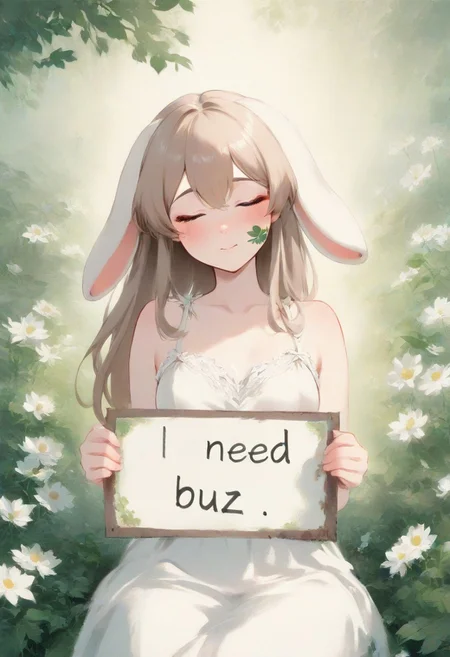 best quality,masterpiece,absurdres,newest,
(coinp,color ink painting:1.2)
An anime girl with soft, floppy bunny ears and long, light brown hair, wearing a flowing white sundress, sits peacefully in a sun-drenched, overgrown garden. Morning light filters through the leaves, creating dappled patterns on her face and dress. She gently holds a small, sleeping, fantastical bunny creature in her lap. Surrounded by blooming white wildflowers and lush greenery. Painterly style, soft focus, warm and serene atmosphere, gentle expression,need_buzz, holding sign with "need buzz"