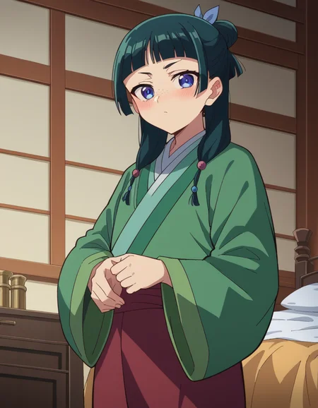 score_9, score_8_up, score_7_up, source_anime,
maomao, <lora:kusuriya-maomao-s1-ponyxl-lora-nochekaiser:1>,
maomao, long hair, bangs, blue eyes, hair ornament, green hair, blunt bangs, freckles, hair bun, single hair bun,
japanese clothes, robe, green robe, long sleeves, wide sleeves, skirt, red skirt,
indoors, bed, bed room, on side, blush, drunk,
looking at viewer, cowboy shot, dutch angle,