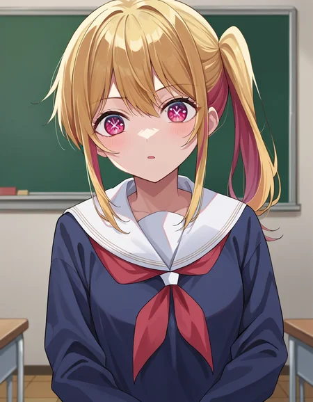 score_9, score_8_up, score_7_up, source_anime,
rubyhoshino, <lora:ruby-hoshino-ponyxl-lora-nochekaiser:1>,
ruby hoshino, long hair, bangs, blonde hair, pink eyes, sidelocks, symbol-shaped pupils, multicolored hair, two-tone hair,
side ponytail, long sleeves, school uniform, serafuku, sailor collar, neckerchief, cardigan, red neckerchief, white sailor collar,
indoors, classroom,
looking at viewer, cowboy shot, dutch angle,
