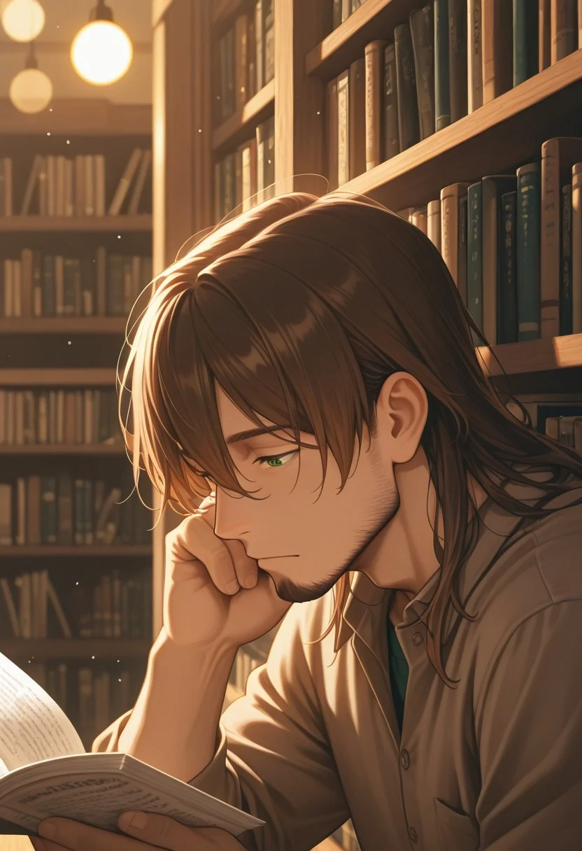 1boy, mbti_infp, mature man, long brown hair, green eyes, in bookstore, reading, bookshelves, soft light, intellectual, thoughtful, cool, stylish, aesthetic, detailed background, highres, masterpiece, best quality, bokeh