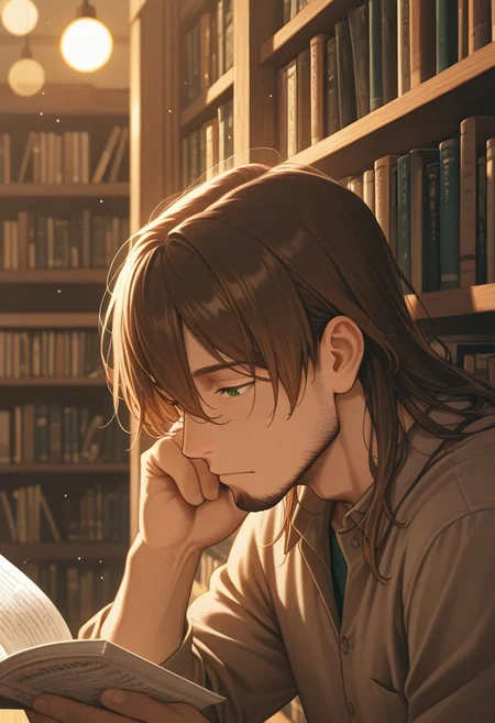1boy, mbti_infp, mature man, long brown hair, green eyes, in bookstore, reading, bookshelves, soft light, intellectual, thoughtful, cool, stylish, aesthetic, detailed background, highres, masterpiece, best quality, bokeh