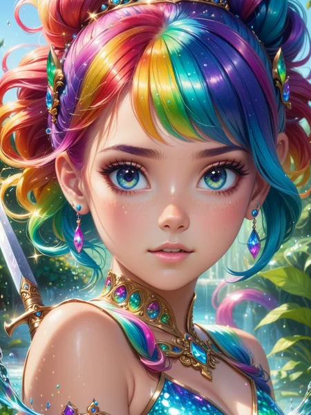 sparkle, close up, princess with weapon, garden, beautiful detailed water, piercing eyes, (rainbow hair:1.1) <lora:sd_xl_offset_example-lora_1.0:0.5>