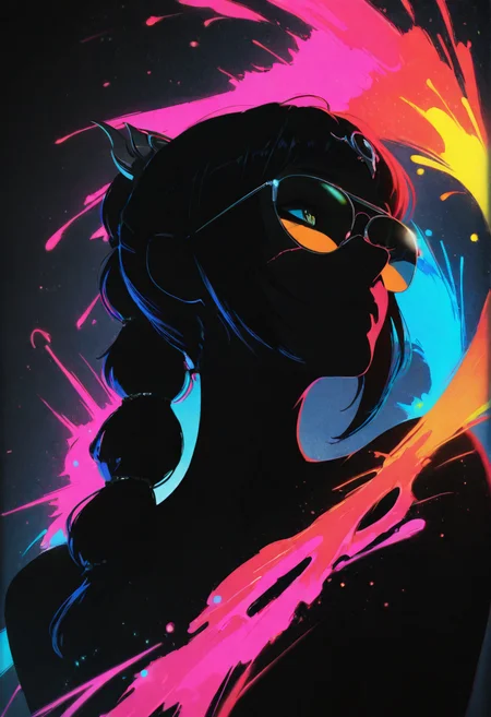 masterpiece, best quality, ultra-HD, photorealistic, reij-incs, incs, (silhouette character:1.25), (neon colors, colored ink, colors splash effect:1.25), dynamic angle, shadowheart \(baldur's gate\), scar on face, multi-tied hair, single braid, mirrorred aviator sunglasses <lora:DetailedEyes_V3:0.45> <lora:GENESIS_MK0.4:0.5> <lora:shadowheart_bg3_ilxl_goofy:1.0> <lora:incs:1.3>