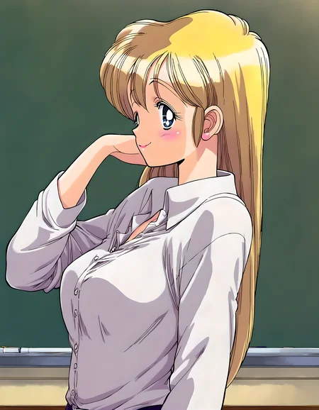<lora:pony_xl_runa:0.9>,runa,score_9,source_anime,source_anime,1girl,solo,no makeup,long hair,teacher,white_shirt,collared_shirt,pencil skirt,miniskirt,chalkboard,smile,