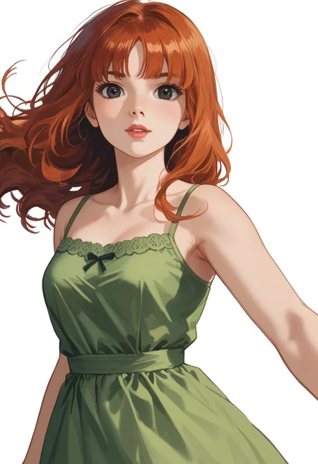 score_9, score_8_up, score_7_up, detailed, detailed body, detailed face, source_anime,
Expressiveh, BREAK,
white background, simple background, BREAK,
1girl, lisia, black eyes, ginger hair, green sundress.
looking at viewer, posing,