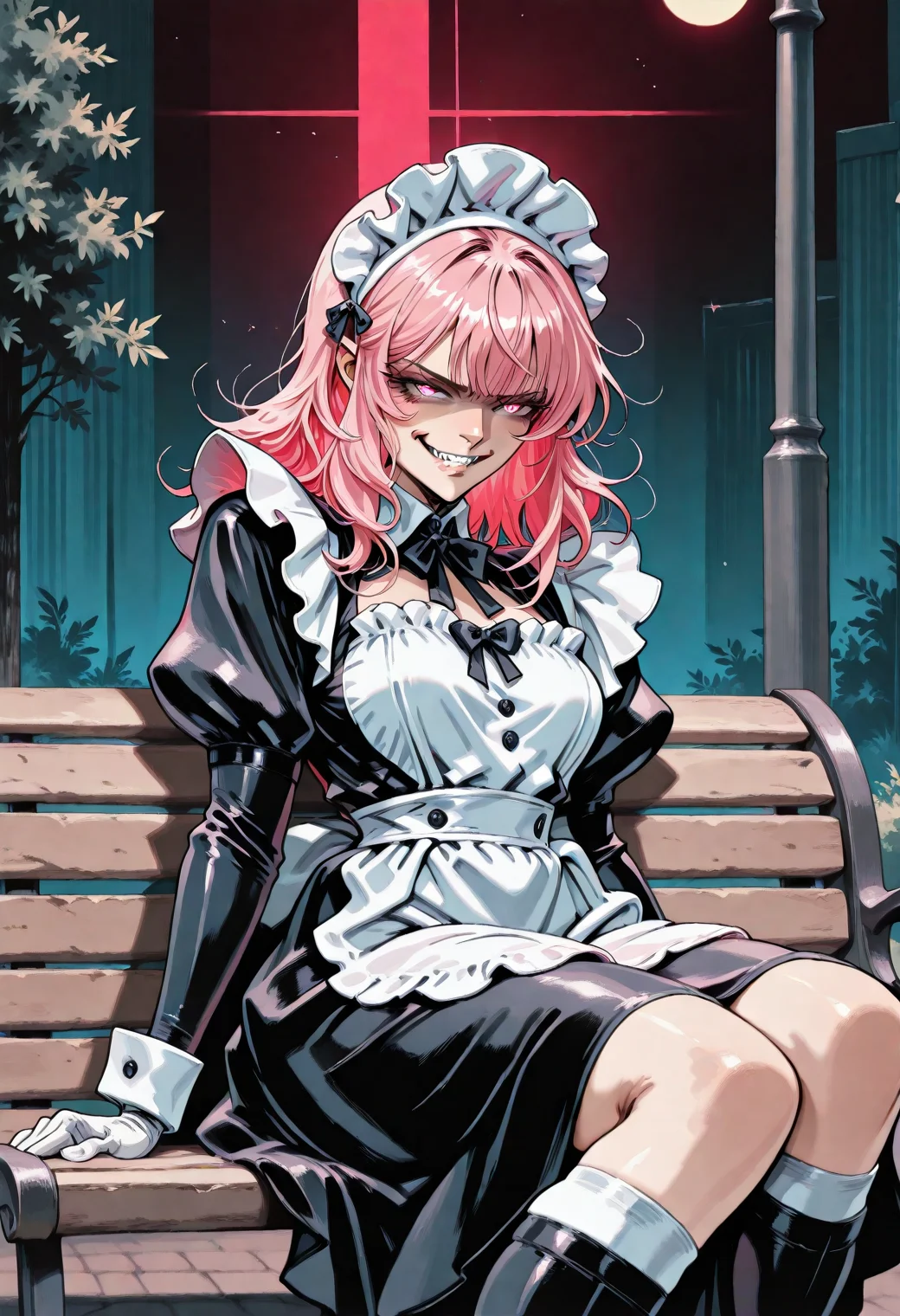 yshinkawa, anime, masterpiece, best quality, very aesthetic, newest, 2024, 1girl, solo, civchan, wearing maid outfit, pink hair, sitting outside at night and staring at the moon, kubrick stare, evil grin, park bench, abstract background,