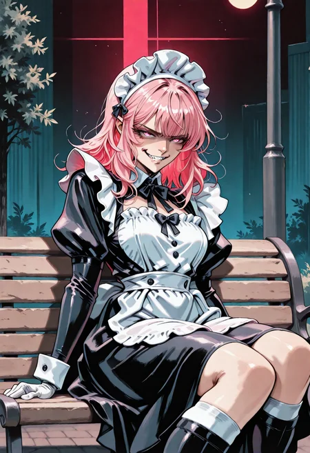 yshinkawa, anime,  masterpiece, best quality, very aesthetic, newest, 2024, 1girl, solo, civchan, wearing maid outfit, pink hair, sitting outside at night and staring at the moon, kubrick stare, evil grin, park bench, abstract background,