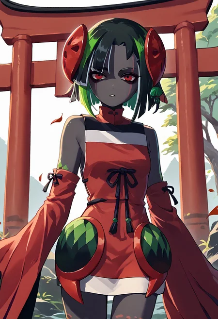 score_9, score_8_up, score_7_up, source_anime, 1girl, cowboy shot, looking at viewer, parted lips, colored skin, red eyes, multicolored hair, green hair, black hair, short hair, hair ornament, magatama, short dress, multicolored dress, red dress, detached sleeves, bare shoulders, torii, japanese architecture