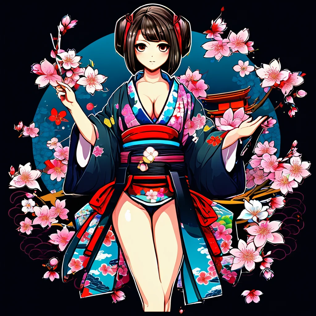 (masterpiece, best quality), chibi style, sexy girl, kimono, sakura flower, boobs(0.5), t-shirt design, dark blackground <lora:chibi_style-000001:1>