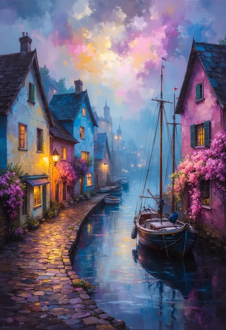 Painting, A fishing village, vibrant glow