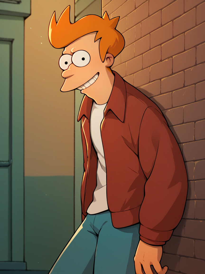 score_9, score_8_up, score_7_up, score_6_up, score_5_up,  <lora:FryXLP:1> fry, 1boy, solo, orange hair, jacket, white shirt, pants, smile