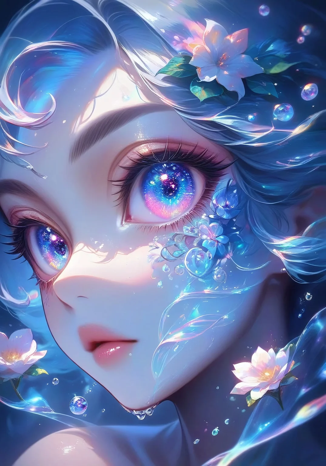 In a dreamlike atmosphere, Flowergirl's beautiful face glows with bioluminescent soft blues, surrounded by lush flowers and leaves. Her big eyes, like shimmering jewels, radiate curiosity. Intricate brushstrokes on her porcelain skin evoke oil painting mastery. Delicate fog swirls around her, as sunbeams filter through, casting a warm glow. The double exposure effect adds mystique, with water drops creating ripples of transparency. A vintage-inspired, macro-realistic composition showcases every detail, from the tiny chibi features to the surreal, holographic pastels.,,Fantasy_eyes,Deer Queen,tattoos