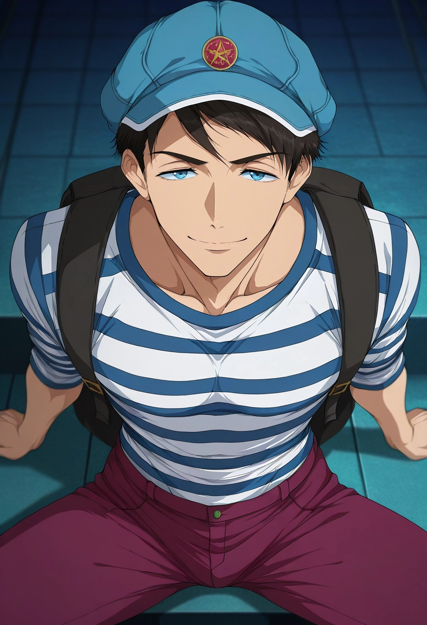 masterpiece, best quality, , anime screencap, anime coloring, official style, looking at viewer, 1boy, solo, male focus, <lora:sousuke_yamazaki_ilxl:0.94>, sousuke_yamazaki, black hair, blue eyes, short hair, from above, dock, dark, spread legs, seductive smile, RoseGold Muslin Digital print Utility pants, Striped Henley shirt, , Gatsby cap, Rucksack