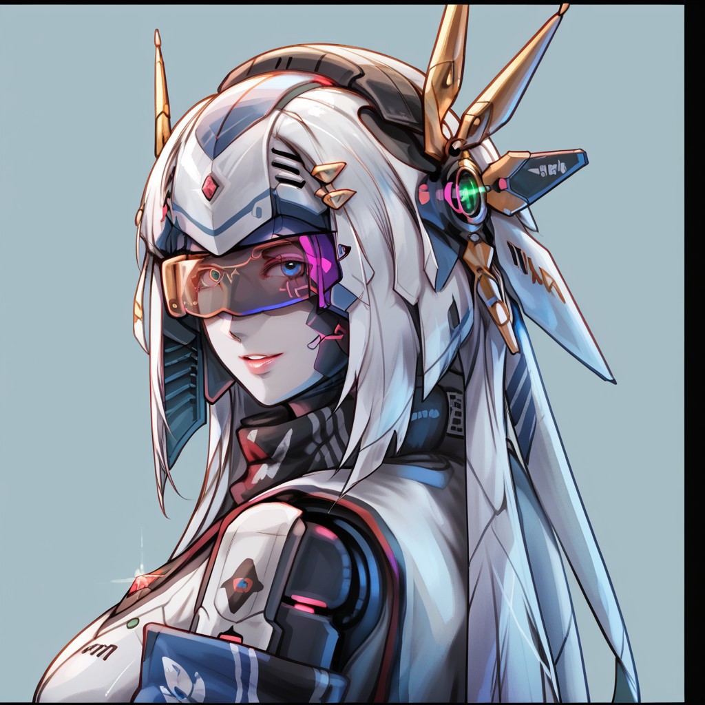 uaf-character, |||, breasts, humanoid robot, mecha musume, medium breasts, silver hair ornament, uaf_neuko, upper body, glowing, android, visor, smile, black border, uaf-portrait, robot girl, robot, uaf_redblue_backlight, parted lips, solo, uaf_red_blue_ilumination, helmet, simple background, 1girl, 80swa, Expressiveh, score_9,score_8_up,score_7_up, 20 years old, 8k, hd, beautiful korean girl, , ultra realistic, hyper realistic, detailed face, natural huge breasts, beautiful woman's face, <LoRA: uafPortraits-000110>, <LoRA: uaf Wt: 1>, pureerosface_v1, (PureErosFace_V1:0.8)