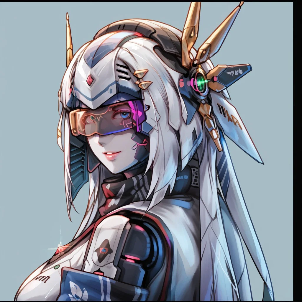 uaf-character, |||, breasts, humanoid robot, mecha musume, medium breasts, silver hair ornament, uaf_neuko, upper body, glowing, android, visor, smile, black border, uaf-portrait, robot girl, robot, uaf_redblue_backlight, parted lips, solo, uaf_red_blue_ilumination, helmet, simple background, 1girl, 80swa, Expressiveh, score_9,score_8_up,score_7_up, 20 years old, 8k, hd, beautiful korean girl, , ultra realistic, hyper realistic, detailed face, natural huge breasts, beautiful woman's face, <LoRA: uafPortraits-000110>, <LoRA: uaf Wt: 1>, pureerosface_v1, (PureErosFace_V1:0.8)