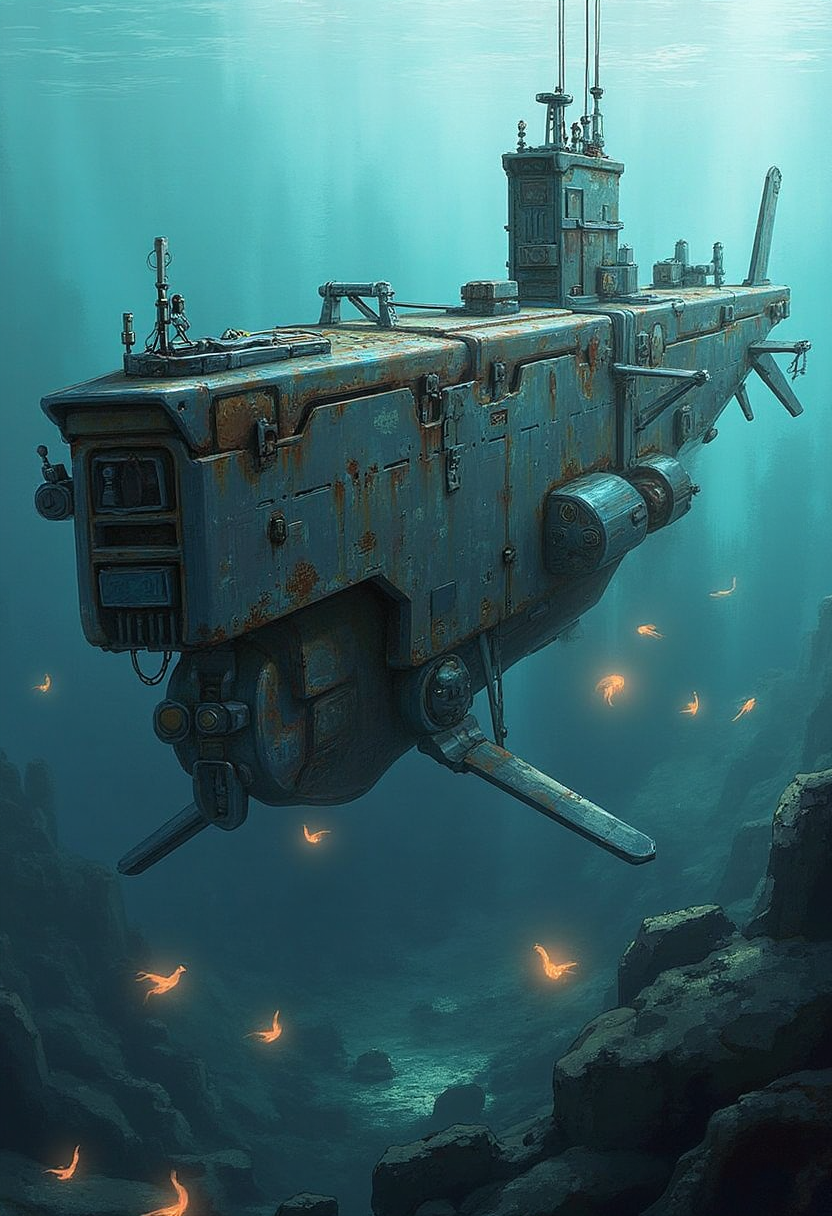 YFG-Hamrater A futuristic submarine ascending from the depths of an alien ocean, with glowing sea creatures swirling around it. The submarine's weathered, intricate design mirrors Hamrish Frater's characteristic attention to detail.
