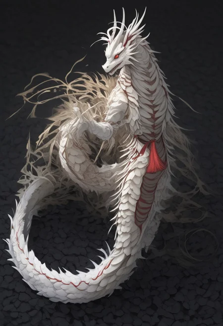 colorful, 1g, dragon, eastern dragon, flag, head wings, japanese clothes, karaginu mo, kikumon, ribbon, unmoving pattern, wings, haori himo, white background, no humans, layered clothes, kanzashi, hair ornament, masterpiece, best quality, newest, very awa, made_from_teef